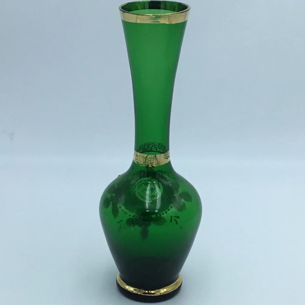 Green Art Glass Floral and Gold Trim Vase